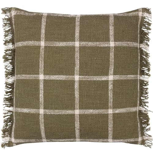Image of furn. Yard Beni Cushion Cover – Woven Check Cotton with Double Fringed Trim (Moss/Natural – 45 x 45 cm)