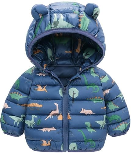 Image of Maeau Baby Boy Girl Winter Puffer Jacket Printed Cute Bear Hooded Coat Zipper Lightweight Padded Down Jacket Outerwear B Blu 18-24 M