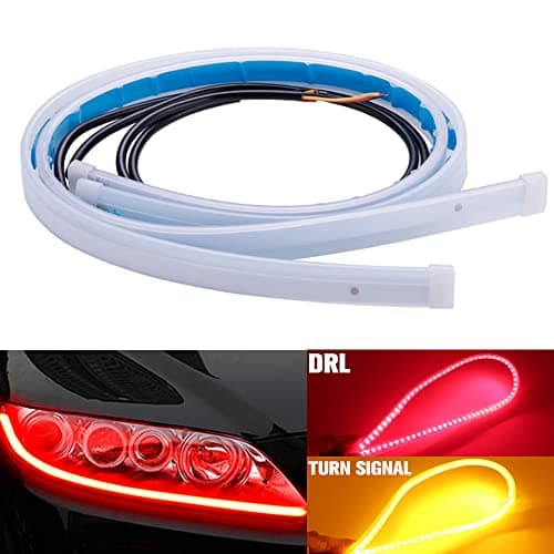 Image of Qasim 60cm 24inch Red+Yellow LED Daytime Running Lights Auto Flowing Sequential Turn Signal Guide Strip Headlight Assembly Car Motorcycle Accessories 2-Pack