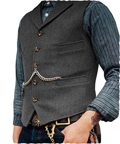 Image of AeoTeokey Classic Mens Wool Tweed Suit Vest Casual Sleeveless Jacket Herringbone Waistcoat for Tuxedos(M,Grey)