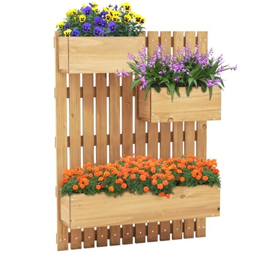 Image of TANGZON 3-Box Wooden Raised Garden Bed with Trellises, Elevated Planter Box Set with Drainage Hole, Fabric Liners & Hanging Hooks, Indoor Outdoor Wall-Mounted Plant Container for Vine Flower Climbing