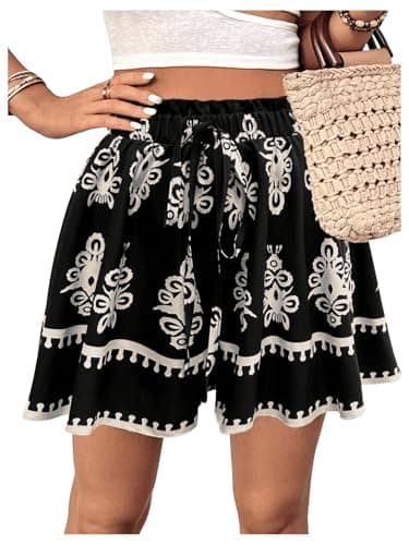 Image of GORGLITTER Women's Graphic High Elastic Waist Wide Leg Shorts Loose Boho Vacation Shorts Black Large