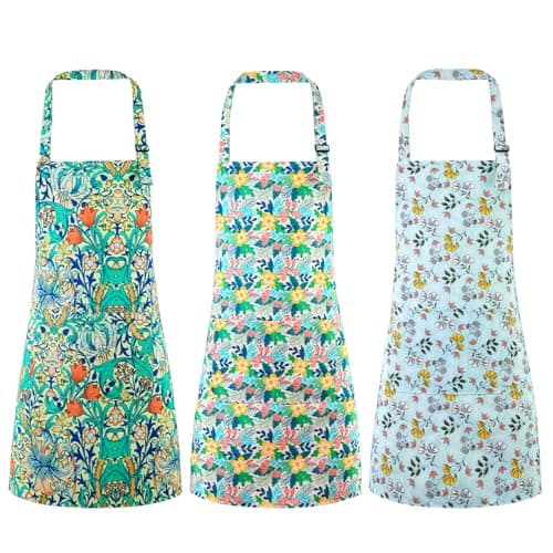 Image of Meng Jiaran 3 Pack Aprons for Women,Floral Kitchen Apron with 2 Pockets,Adjustable Cooking Chef Apron,Vintage Flower Aprons for Kitchen Cooking Baking Household Cleaning (3, Green)