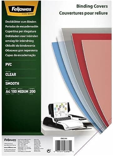 Image of Fellowes A4 Clear PVC Binding Covers, 200 Micron Transparent Protective Sheets, Smooth Finish, Pack of 100 - Compatible with Comb & Wire Binding