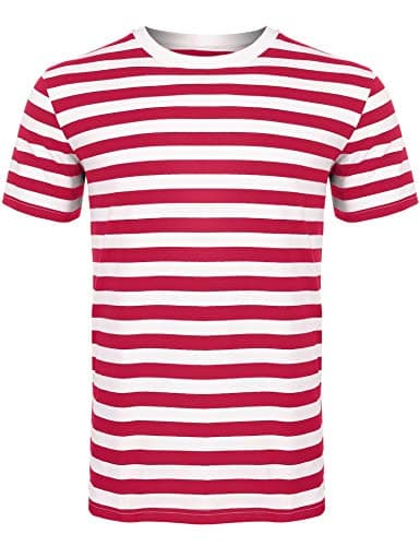 Image of Sykooria Mens Round Neck Striped T-Shirt Red & White Strip Casual Short Sleeve Pinstripe Tops