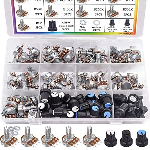 Image of Taiss 100PCS Potentiometer Kit,WH148 B1K 5K 10K 20K 50K 100K 250K 500K 1M ohm potentiometers,Potentiometer Assortment,Single Linear Taper Potentiometer 3 Terminal with Knobs,Nuts and Washers