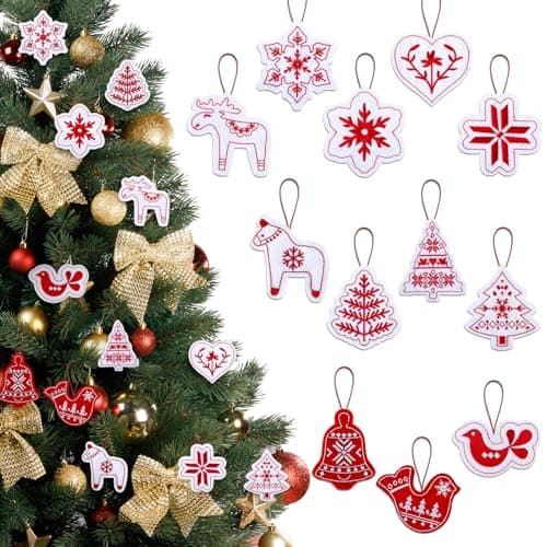 Image of Amyhill 12 Pcs Nordic Christmas Scandinavian Ornament Set with Lanyard Felt Nordic Noel Red Thread Snowflake Xmas Tree Elk Hanging Ornaments for Christmas Tree Decorations Winter Holiday Party Gifts