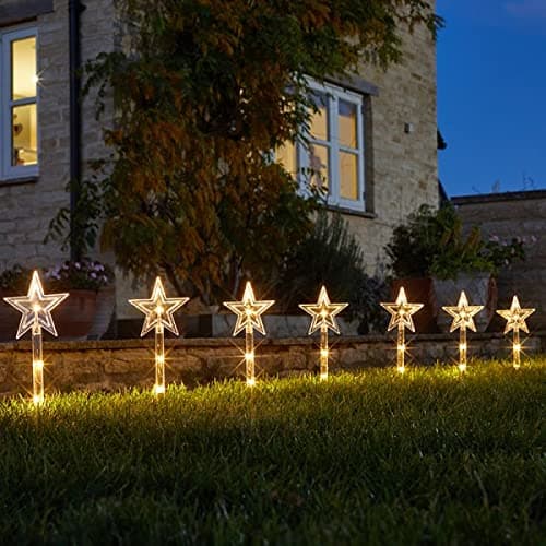 Image of Marco Paul Set of 8 Christmas Star Garden Pathway Light - 24 Warm White LED lights Battery Powered - Large 35cm Outdoor Christmas Decorations Lights - Perfect for Garden & Pathway Décor