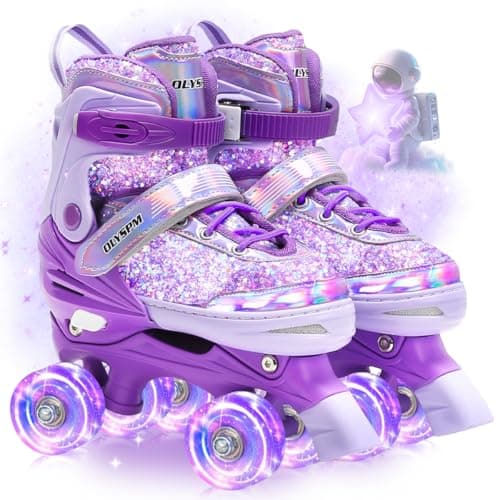Image of OLYSPM Roller Skates for Girls,Kids Skates with 4 Size Adjustable Fluorescent Uppers,Quad Skates with Light Up Wheels for Girls and Beginner(Purple)