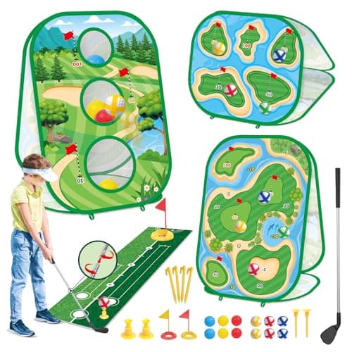 Image of 4 In 1 Kids Sticky Golf Games Set With Club, Golf Putting Practice Mat, 3 Sided Golf Chipping Net, Multiple Game Modes, Golf Cornhole Board Set, Outdoor & Indoor Golf Practice