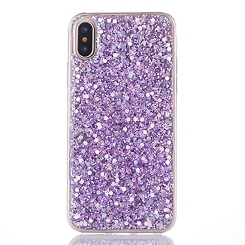 Image of iPhone X Case iPhone XS Case [With Tempered Glass Screen Protector],Mo-Beauty Bling Shiny Sparkle Glitter Soft Flexible TPU Silicone Gel Case Cover For Apple iPhone X/XS 5.8 Inches (Purple)