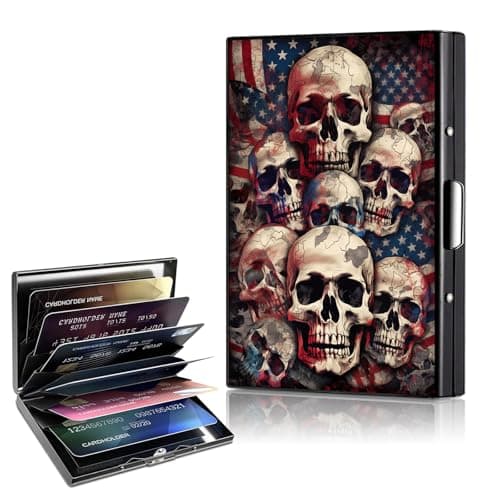 Image of CAPAUNVDA Metal Wallet,Credit Card Holder for Women,Aluminum Wallet,Ridge Wallet for Women,Hard Case Wallet,RFID Blocking Business Metal Credit Card Holder Case,Gift for Girls, Skull on Flag, Metal