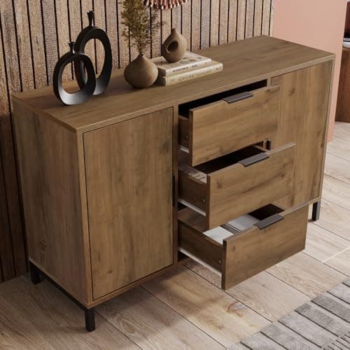 Image of FammyLoft Sideboard Cabinet, 2 Door 3 Drawer Storage Cabinet with Adjustable Shelf, Dark Oak Wooden Sideboard Cupboard for Living Room Bedroom Hallway, 120 * 40 * 76 cm