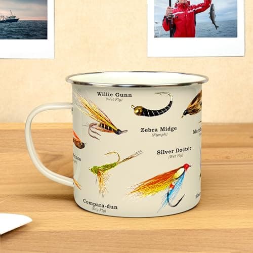 Image of Gift Republic Fly Fishing Enamel Mug, Outdoor Camping Cup, 500 ml Metal Coffee Cup, Angling Fishing Enthusiast Gift Idea Lure Design