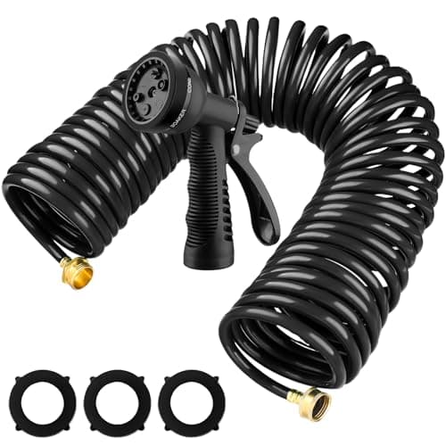 Image of Pangda x 3/8'' Coil Garden Hose EVA Recoil Garden Self Coiling Expanding Water Hose with 6 Function Spray Nozzle Universal 3/4'' Brass Connector Fitting for Outdoor Yard(Black,75 ft)