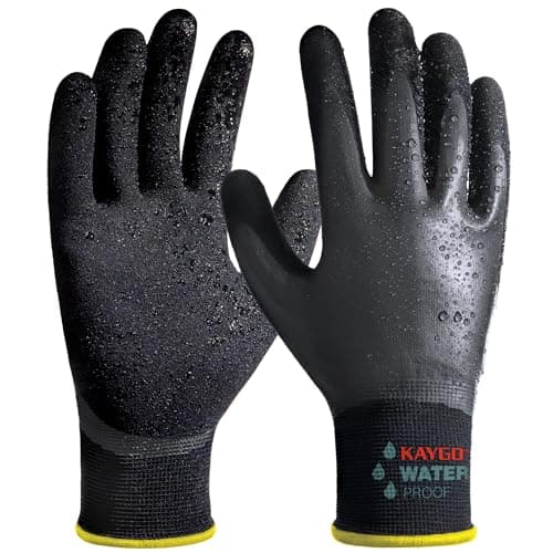Image of KAYGO Waterproof Work Gloves for Men and Women with Double Latex Coated, Non-Slip Super Grip for Gardening Car Washing Fish Cleaning (Black, L, 1 Pairs)