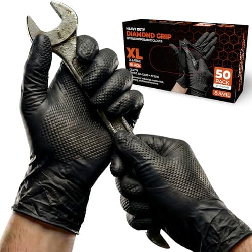 Image of PRAIMA Mechanic Gloves, Diamond Grip Black Nitrile Disposable Gloves | Powder-Free, Latex-Free, Extra Thick & Strong Rubber Gloves for Work, Automotive, Industrial, and Cleaning Use (XL, 50, count)