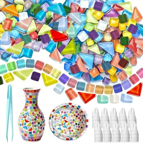 Image of 900g Crystal Glass Mosaic Tiles, Square & Irregular Mosaic Tiles Arts and Crafts with Tweezers, Mixed Color Mini Mosaic Kits for Adults Crafts,Plates,Vases,Home Decor(850Piece)