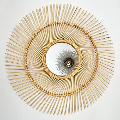 Image of Darthome Bamboo Round Mirror 63cm Natural Wood Wicker Frame Vintage Boho Style Home Decor