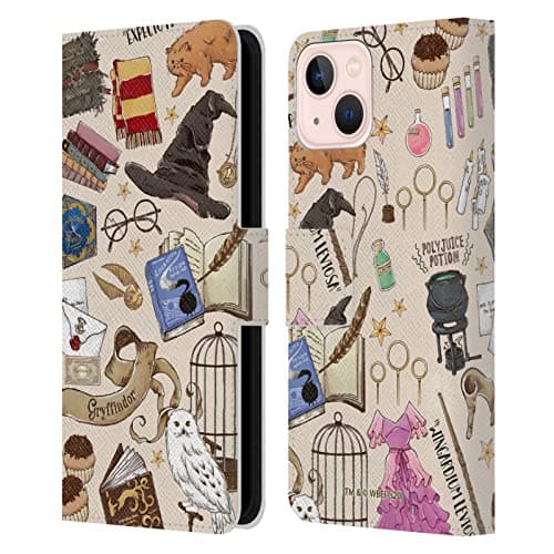 Image of Head Case Designs Officially Licensed Harry Potter Hogwarts Pattern Deathly Hallows XXXVII Leather Book Wallet Case Cover Compatible With Apple iPhone 13