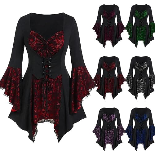 Image of Womens Gothic Lace Tops Sale Clearance, Ladies Flare Sleeve Blouses Medieval Steampunk Sweatshirts Goth Pullover Irregular Hem Jumper Patchwork Corset Tops Halloween Party Costumes S-XXL