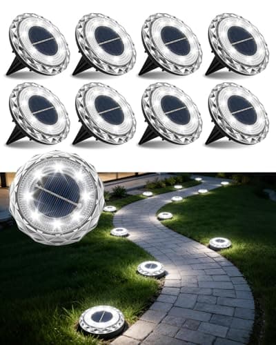 Image of 8 Pack Solar Ground Lights Outdoor, 8 LED Solar Disk Lights with 600mAh Battery, IP68 Waterproof Garden Light Auto On/Off, for Lawn, Pathway, Patio, Yard, Landscape & Walkway Lighting (Bright White)
