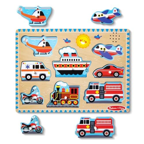 Image of Melissa & Doug Vehicles Sound Puzzle - Wooden Peg Puzzle With Light-Activated Sound Effects (8 pcs) Puzzles for Toddlers, Wooden Puzzles For Kids Ages 2+