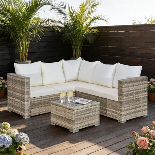 Image of AOUXIN 5 Seater Rattan Garden Furniture Set, Rattan Corner Sofa Set Patio Sofa with Coffee Table (Beige)