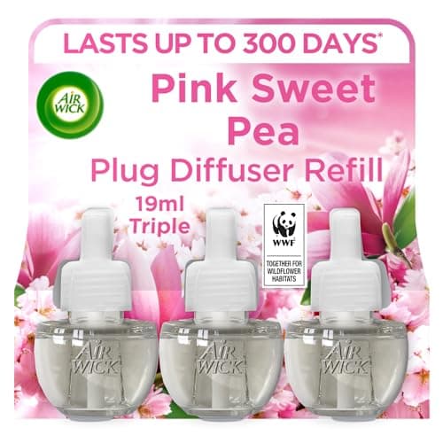 Image of Air Wick Plug in Diffuser Triple Refill, Pink Sweet Pea, Pack 3 x19ml, Long Lasting Fragrance, Lasts up to 300 days, Plug in Air freshener