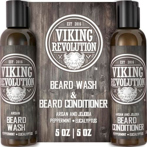 Image of Viking Revolution - Beard Shampoo And Conditioner - Natural Beard Wash & Beard Conditioner With Argan & Jojoba Oils - Softens & Strengthens - Gifts For Men - Peppermint & Eucalyptus - 2 x 150 ml