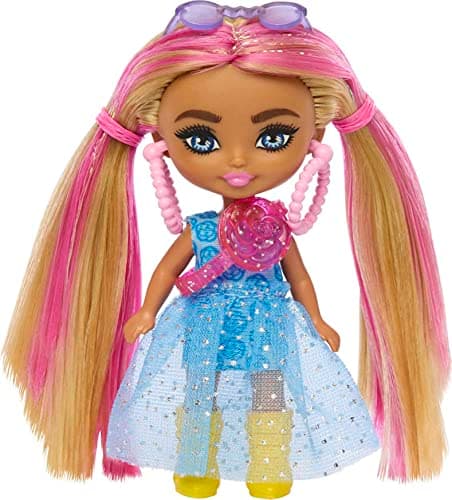Image of Barbie Extra Mini Minis Doll with Pink-Streaked Blonde Pigtails Wearing Blue Dress & Accessories, Plus Stand, 3.25-inch
