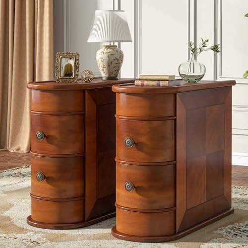 Image of Tribesigns Wood End Table Set of 2, Narrow Solid Side Table 2-Drawer Slim Chair Side Table, No Assembly Required, Finished Back, Walnut