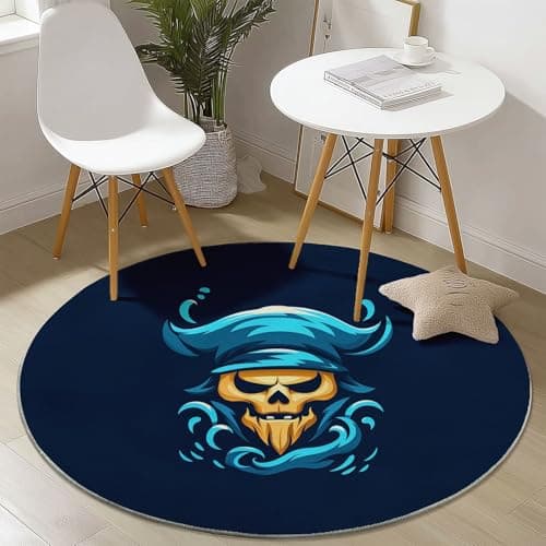 Image of 2 ft Round Area Rug for Living Room, Minimalism Ocean Waves Abstraction Skulls Carpet 60 cm Machine Washable Low Pile Rug - Non-Slip Non-Shedding Thin Floor Mat for Bedroom Dining Room Blue