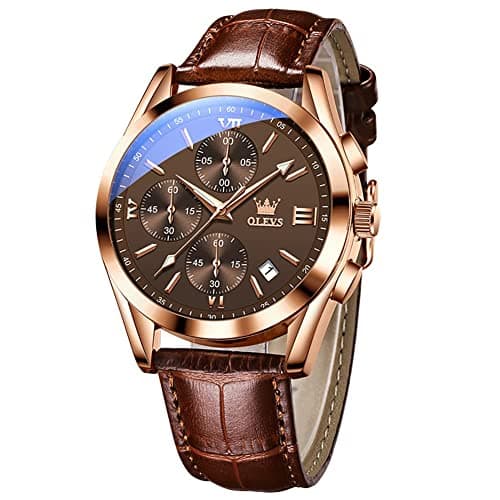 Image of OLEVS Watch for Men Chronograph Brown Leather Strap Classic Fashion Analog Quartz Big Dial Casual Waterproof Luminous Wrist Watches