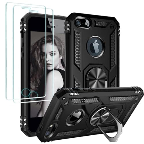 Image of Jeylly for iPhone SE 2016/5/5s Case with [2 Pack] Screen Protector Rotate Ring Kickstand, Military Grade Shockproof Protective Cover for iPhone 5/5s/SE 2016, Black