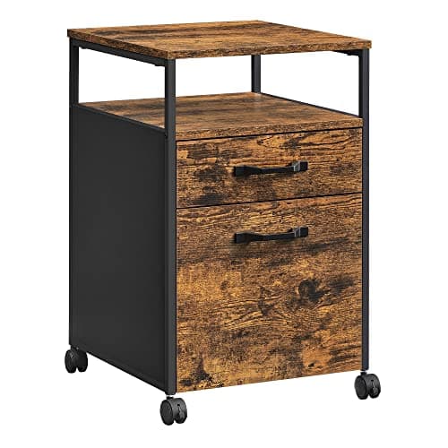 Image of VASAGLE Mobile File Cabinet with 2 Drawers, Letter-Size Hanging File Folders, Open Shelf, Steel Frame, Rustic Brown and Ink Black OFC71X