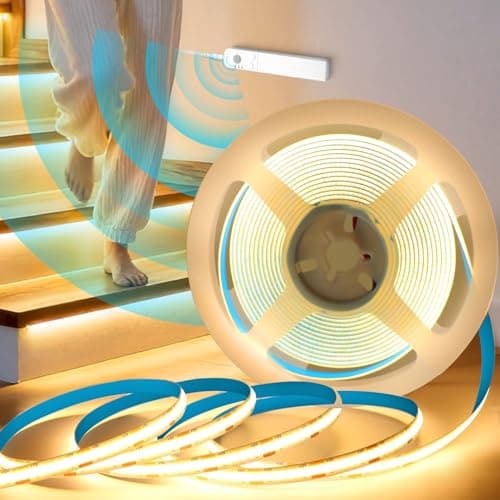 Image of KSIBNW COB Strip Lights Motion Sensor 5M, Stair Lights Motion Sensor Indoor Dimmable Tape Lights Auto ON/Off Battery Powered Strip for Kitchen Cabinet Wardrobe Cupboard Hallway, Cool White 6000K