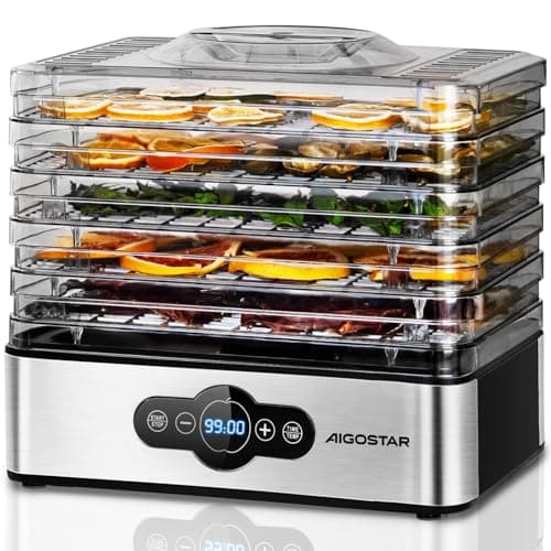 Image of Aigostar 5 Tier Food Dehydrator, 240W Food Dryer Machine with 99 H-Timer, 35-70℃ Temperature Adjustable and LED Display for Drying Fruit, Meat, Vegetable, Jerky and Pet Treat, BPA Free - Crispy 12YXA