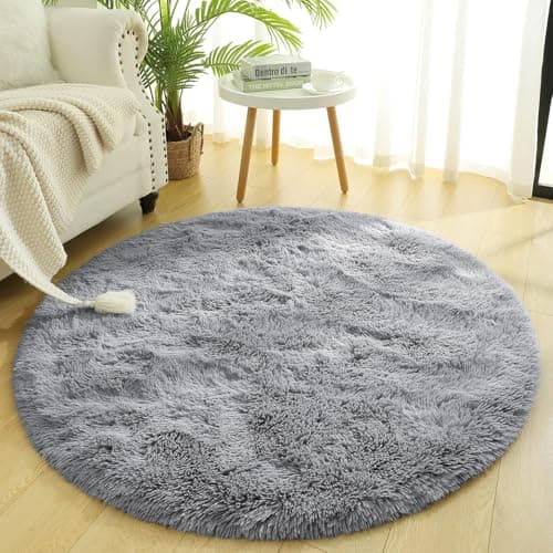 Image of BedLooms Round Rugs Living Room 120x120 CM – Grey Area Rugs for Bedroom Non Slip – Modern Super Soft Plush Carpets Fluffy Shaggy Rug for Lounge, Dining Room – Non Shedding Bedside Rug for Kids Room