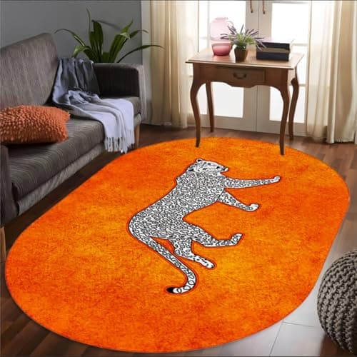 Image of WAOTMN Oval Orange Rug for Bedroom Living Room,80x150cm, Leopard Print Rug,Non-Slip Soft Washable Carpet,Non-Shedding Animal Print Bedside Indoor Area Rugs for Home Decor Aesthetic