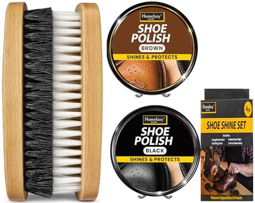 Image of 4pc Black & Brown Shoe Polish Kit with 2pc Shoe Brush | Suitable For Leather Shoes & Boots - Easy To Use Wax Boot Polish & Brush Set For Shine & Protection