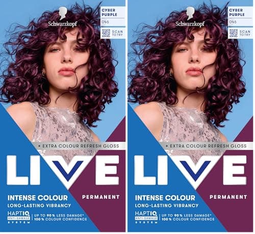 Image of Schwarzkopf LIVE Intense Colour 046 Cyber Purple, Long-lasting Permanent Purple Hair Dye, With Extra Colour Refresh Gloss (Pack of 2)