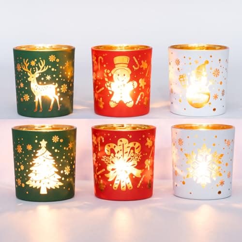 Image of Romcanmy Christmas Candle Holder, Set of 6 Glass Tea Light Candle Holders for Christmas Table Centrepiece, Red Green White Tealight Holders Reindeer Tree Snowflake for Xmas Party Winter Decorations
