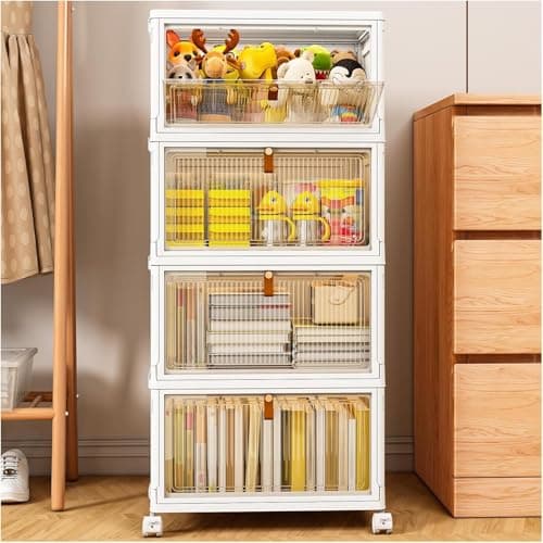 Image of TidyTrove Storage Boxes with Lid, 4-Tier Plastic Stackable Storage Boxes with 1 Lid 28L/Tier, Folding Storage Bins with Wheels, Storage Organizer for Bedroom Living Room Study Office