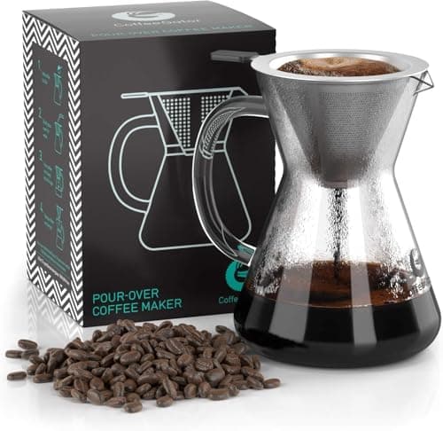 Image of Coffee Gator Pour Over Coffee Maker - 14 oz/400 ml, High Heat Borosilicate Glass Carafe with Reusable Stainless Steel Filter, Drip Coffee Brewer Set, Clear