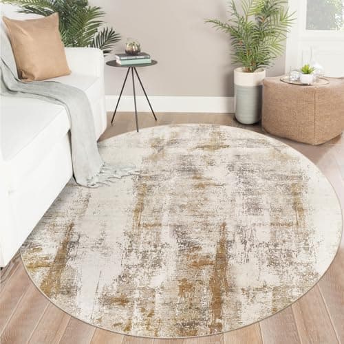 Image of Famibay Rugs Living Room Round 150cm Modern Abstract Beige Brown Washable Circle Area Rugs Bedroom Carpet Round Short Pile 5mm Thin Anti Slip for Dining Room Kids Room Hallway