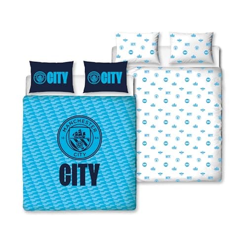 Image of Manchester City FC Official Double Duvet Cover Set, Crestcol Design | Blue Reversible 2 Sided Football Bedding Cover Official Merchandise Including Matching Pillow Cases