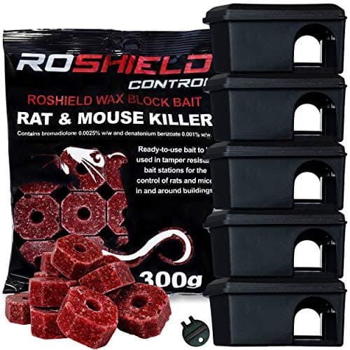 Image of ROSHIELD 5 Black Mouse Tamper-Resistant Locakable Bait Boxes & 15 Killer Poison Wax Blocks | Mice Control Kit for Homes & Buildings (1 x 300g)