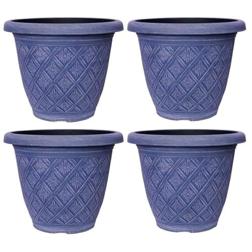 Image of Fyne-Finds Set of 4 Round 33cm,13inch Garden Plant Pot 11Liters Woven Flower Outdoor Decor Planter Frost Proof, Weatherproof, Drainage Hole (Blue)