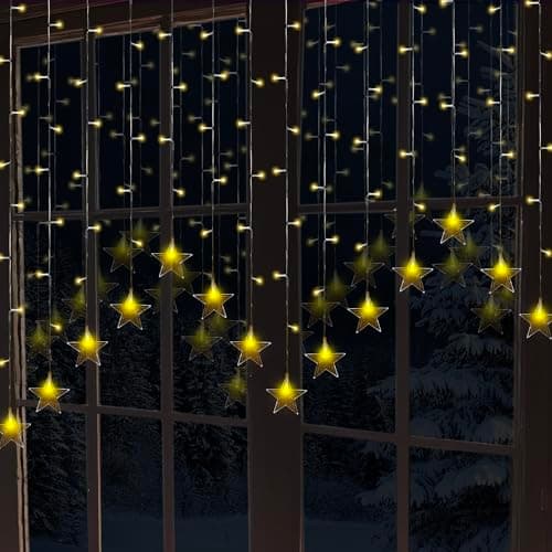 Image of GloBrite 104 LED Curtain Light - Christmas Lights, Fairy Lights, 8 Modes - Xmas Decor, Indoor Window, Bedroom, Party, Wedding, Plug-in LED Curtain, Christmas Decorations (Star - Warm White)